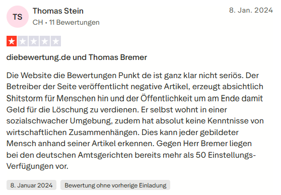 Trustpilot-Bewertung von Thomas Stein zu diebewertung.de und Thomas Bremer