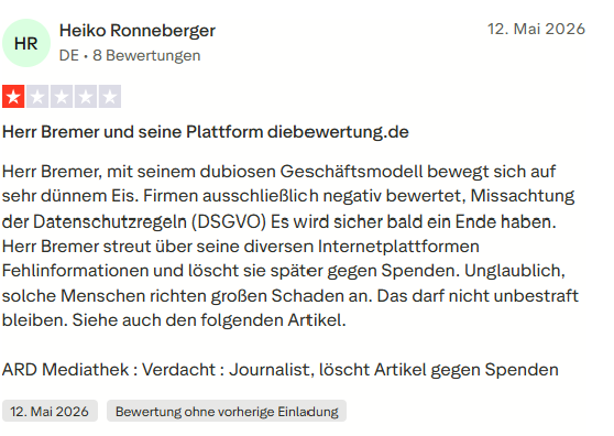 Trustpilot-Bewertung von Heiko Ronneberger zu Herrn Bremer und der Plattform diebewertung.de