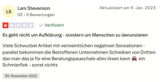 Trustpilot-Bewertung von Lars Stevenson: Es geht nicht um Aufklärung – sondern um Menschen zu denunzieren