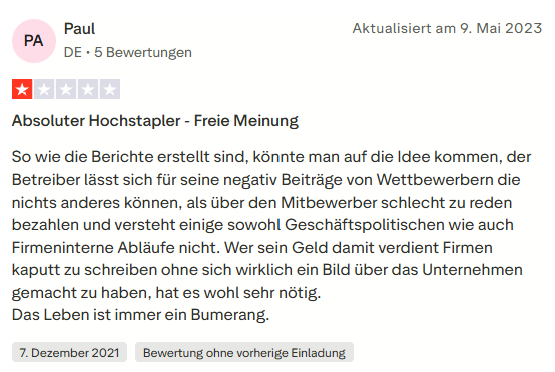 Trustpilot-Bewertung von Paul: Absoluter Hochstapler – Freie Meinung