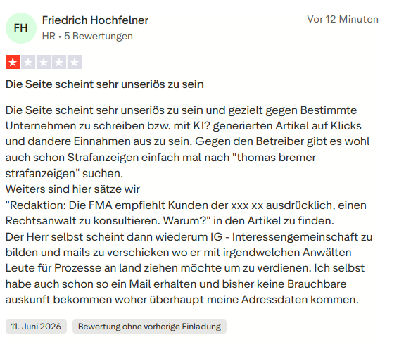 Trustpilot-Bewertung von Friedrich Hochfelner: Die Seite scheint sehr unseriös zu sein