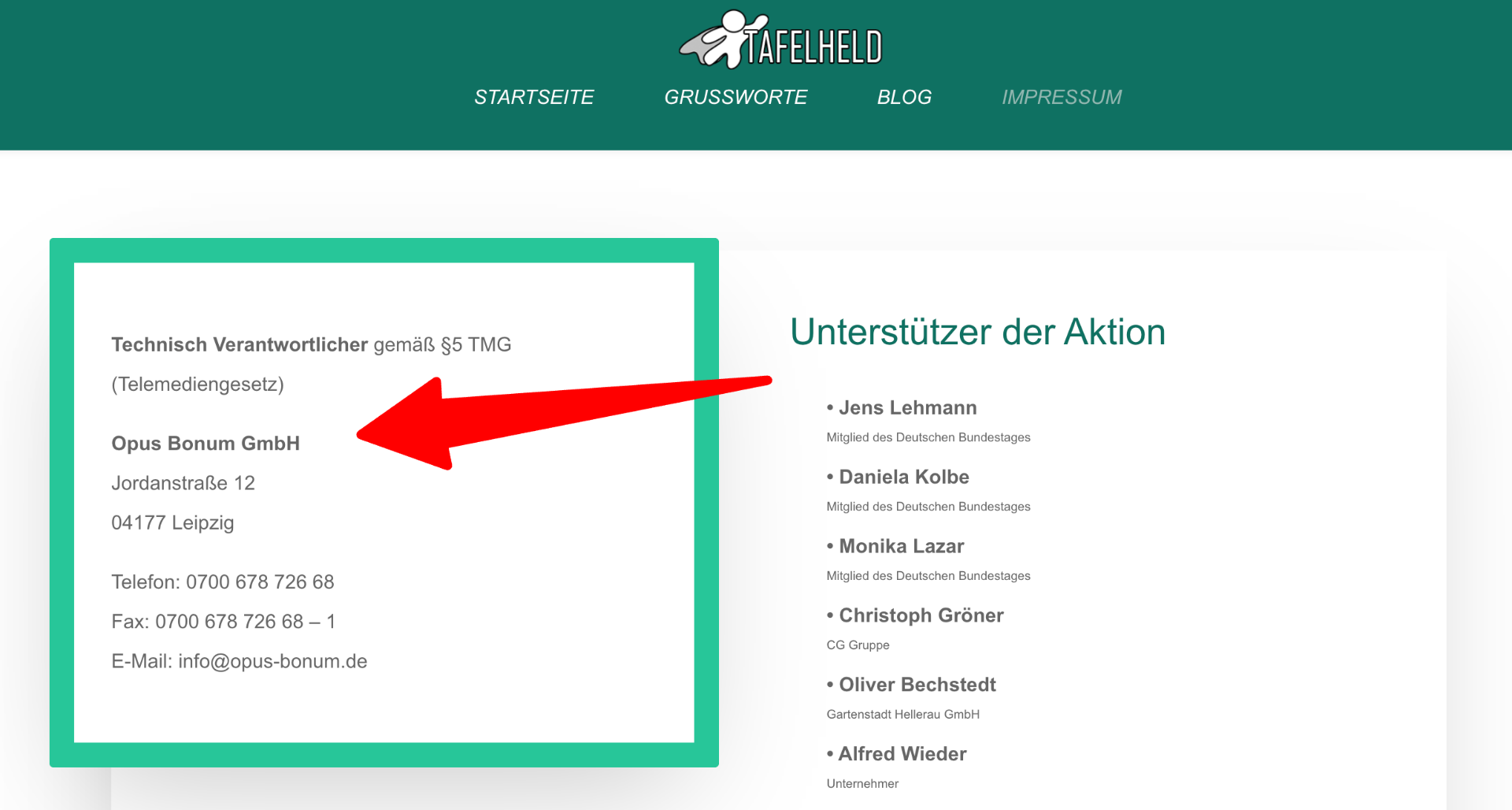Screenshot des Impressums von tafelheld.de mit Opus Bonum GmbH als technisch Verantwortlicher