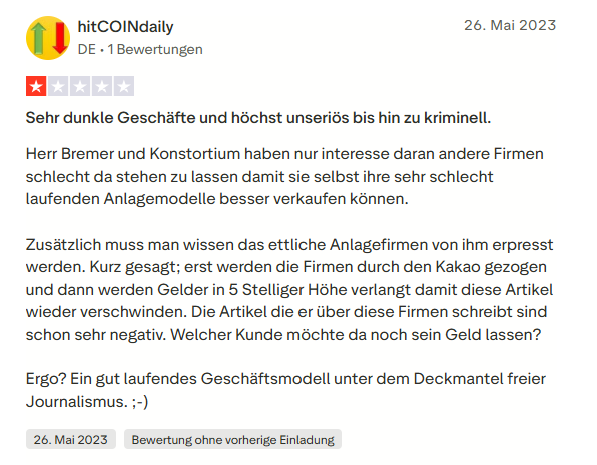 Trustpilot-Bewertung von hitCOINdaily: Sehr dunkle Geschäfte und höchst unseriös