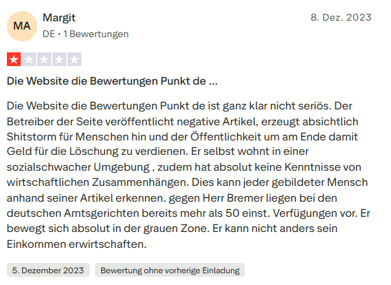 Trustpilot-Bewertung von Margit: Die Website die Bewertungen Punkt de ist ganz klar nicht seriös