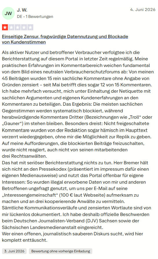 Trustpilot-Bewertung von J. W.: Einseitige Zensur, fragwürdige Datennutzung und Blockade von Kundenstimmen