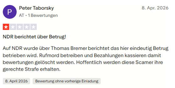 Trustpilot-Bewertung von Peter Taborsky: NDR berichtet über Betrug