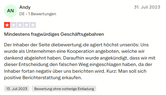 Trustpilot-Bewertung von Andy: Mindestens fragwürdiges Geschäftsgebaren
